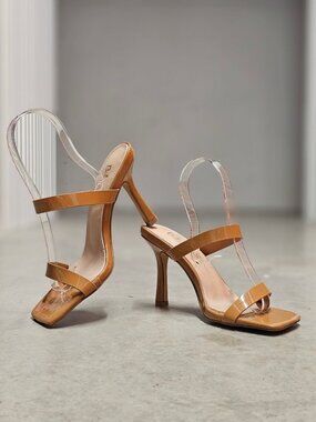 Strap Stiletto Heels With Square Toe & Tan Patent Faux Leather Accents For Women